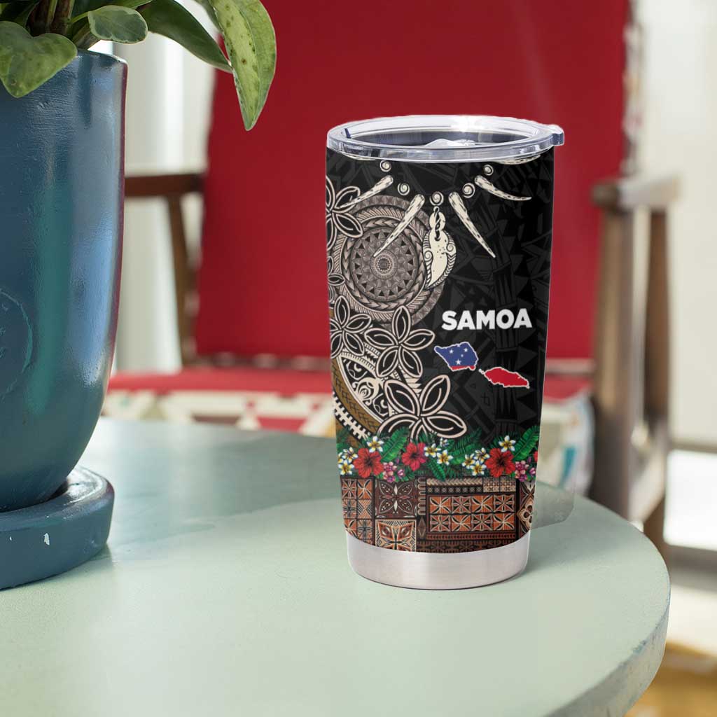 Samoa Siapo Polynesian Art Tumbler Cup Tropical Flowers and Tatau Pattern Brown