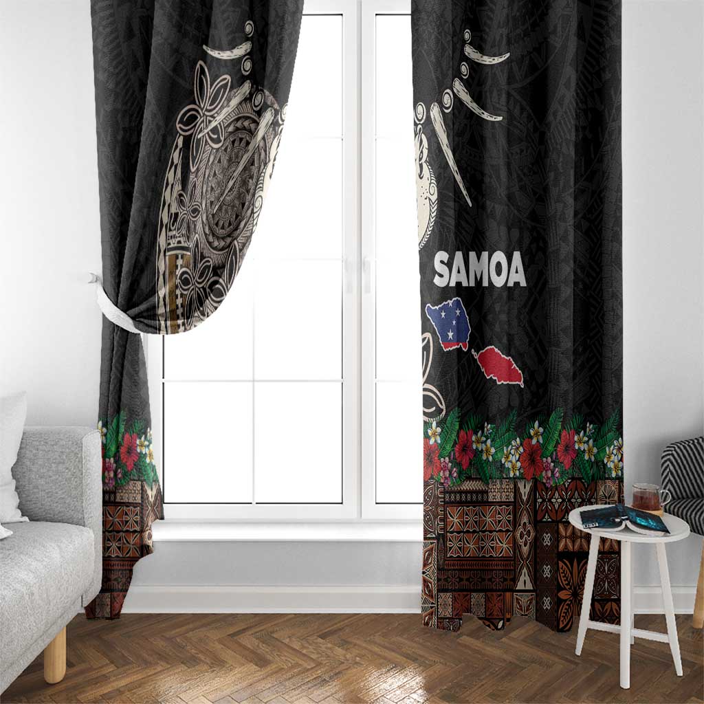 Samoa Siapo Polynesian Art Window Curtain Tropical Flowers and Tatau Pattern Brown