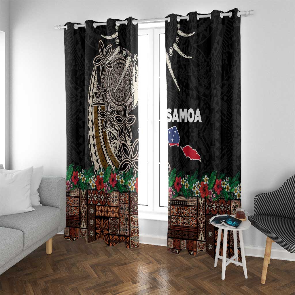 Samoa Siapo Polynesian Art Window Curtain Tropical Flowers and Tatau Pattern Brown