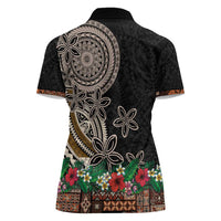 Samoa Siapo Polynesian Art Women Polo Shirt Tropical Flowers and Tatau Pattern Brown