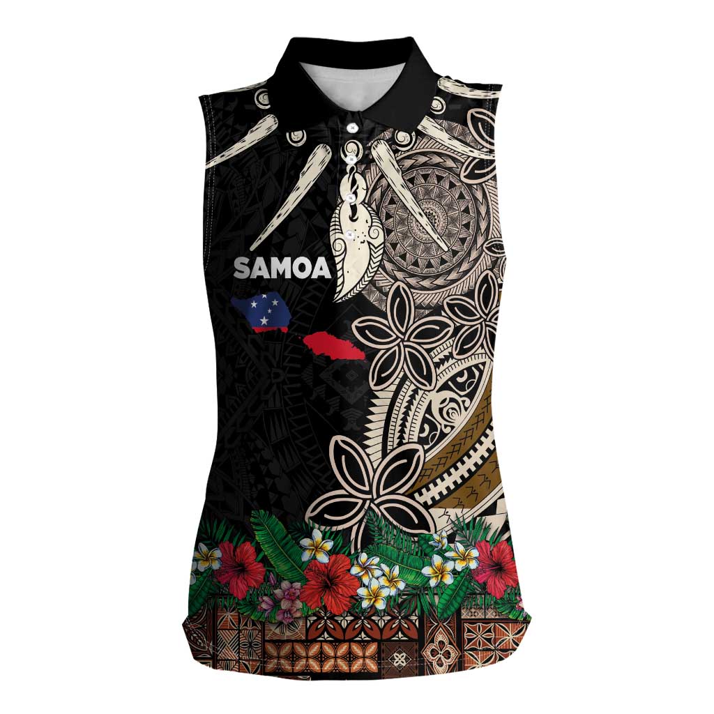 Samoa Siapo Polynesian Art Women Sleeveless Polo Shirt Tropical Flowers and Tatau Pattern Brown