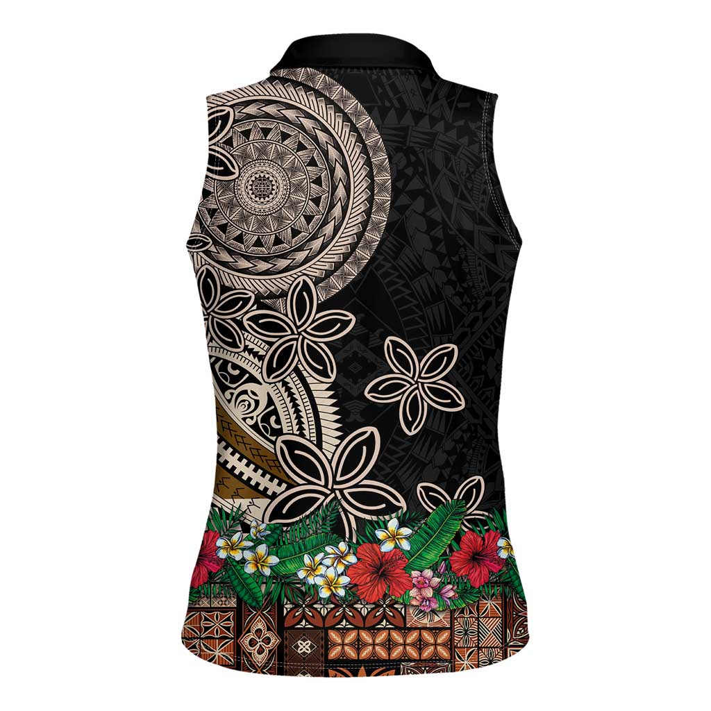 Samoa Siapo Polynesian Art Women Sleeveless Polo Shirt Tropical Flowers and Tatau Pattern Brown