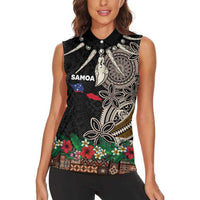 Samoa Siapo Polynesian Art Women Sleeveless Polo Shirt Tropical Flowers and Tatau Pattern Brown