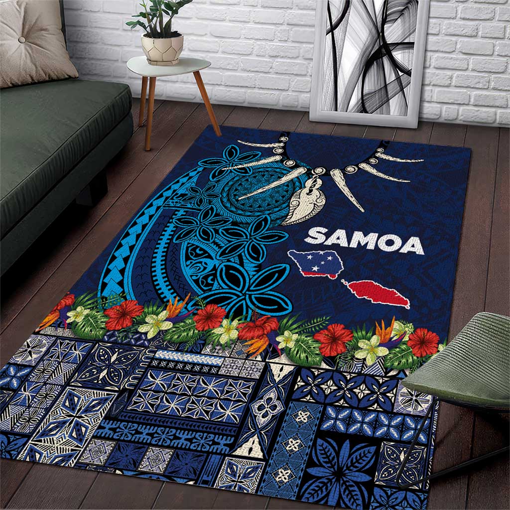 Samoa Siapo Polynesian Art Area Rug Tropical Flowers and Tatau Pattern Navy