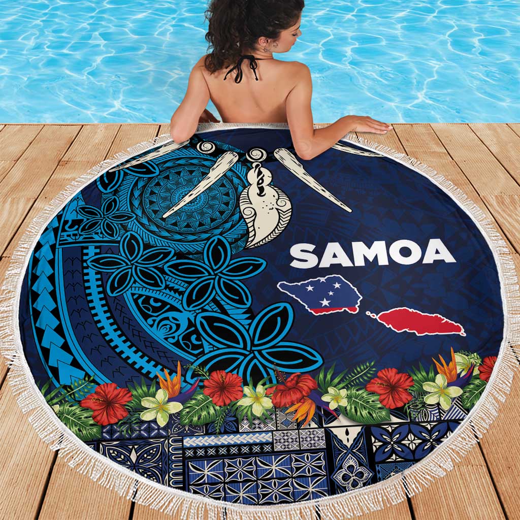 Samoa Siapo Polynesian Art Beach Blanket Tropical Flowers and Tatau Pattern Navy