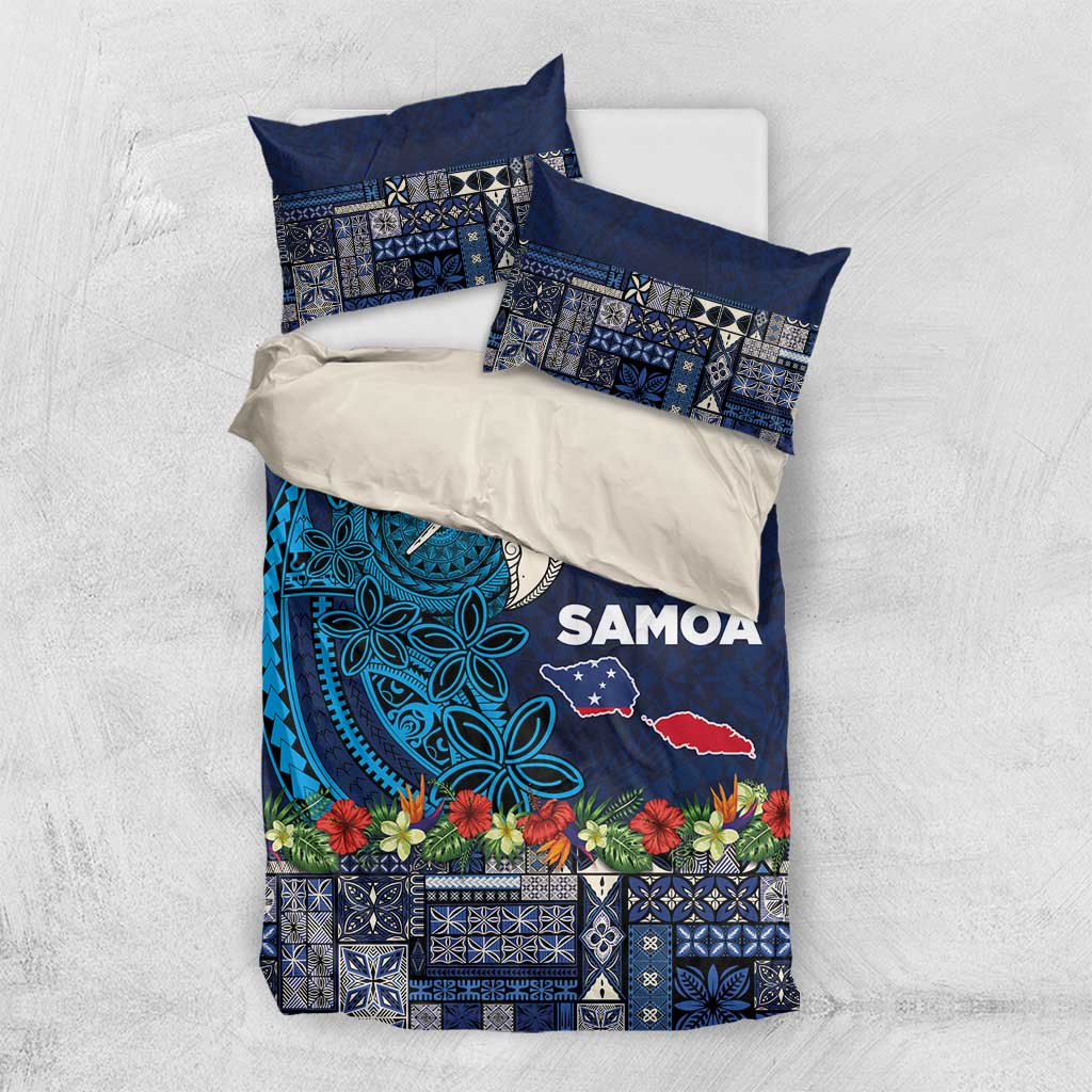 Samoa Siapo Polynesian Art Bedding Set Tropical Flowers and Tatau Pattern Navy