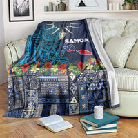 Samoa Siapo Polynesian Art Blanket Tropical Flowers and Tatau Pattern Navy