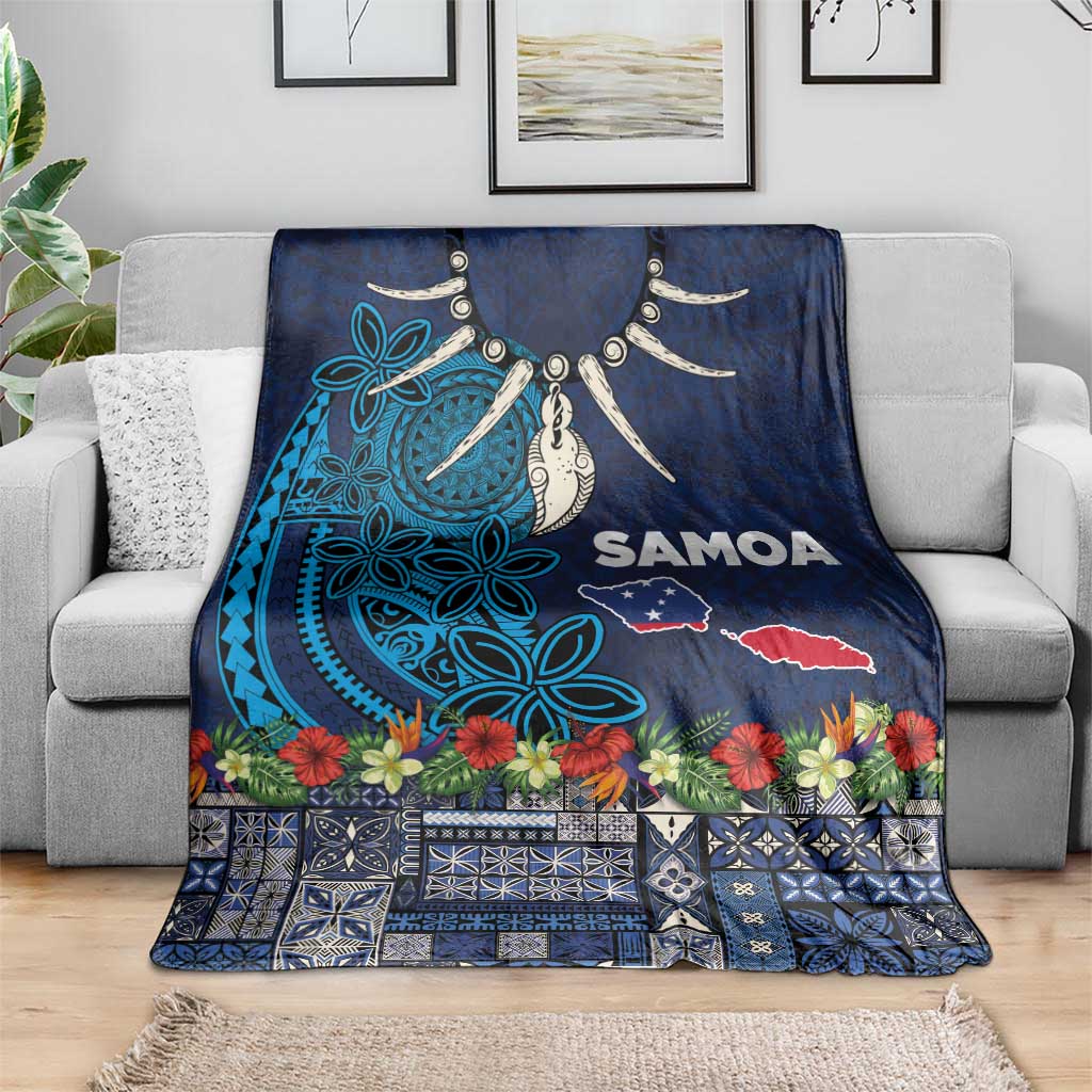 Samoa Siapo Polynesian Art Blanket Tropical Flowers and Tatau Pattern Navy
