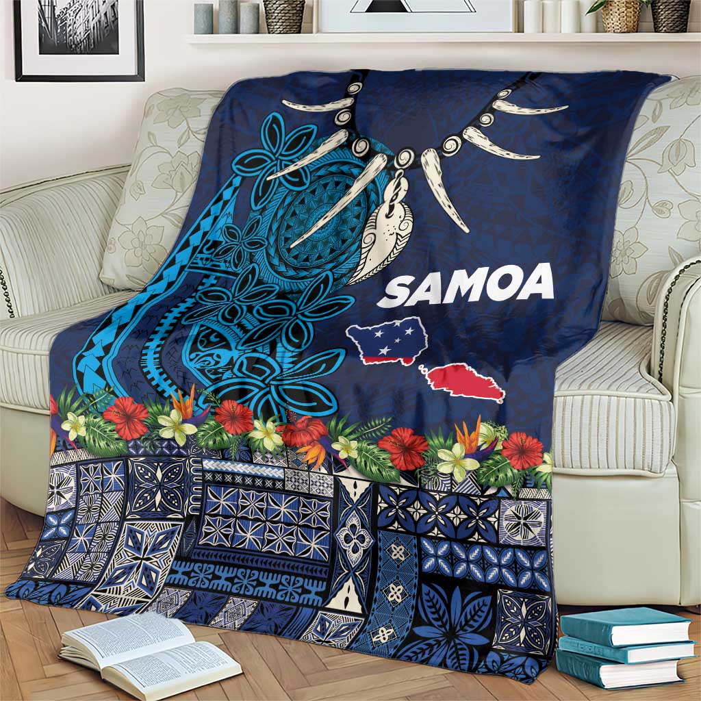 Samoa Siapo Polynesian Art Blanket Tropical Flowers and Tatau Pattern Navy