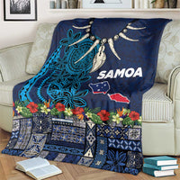 Samoa Siapo Polynesian Art Blanket Tropical Flowers and Tatau Pattern Navy