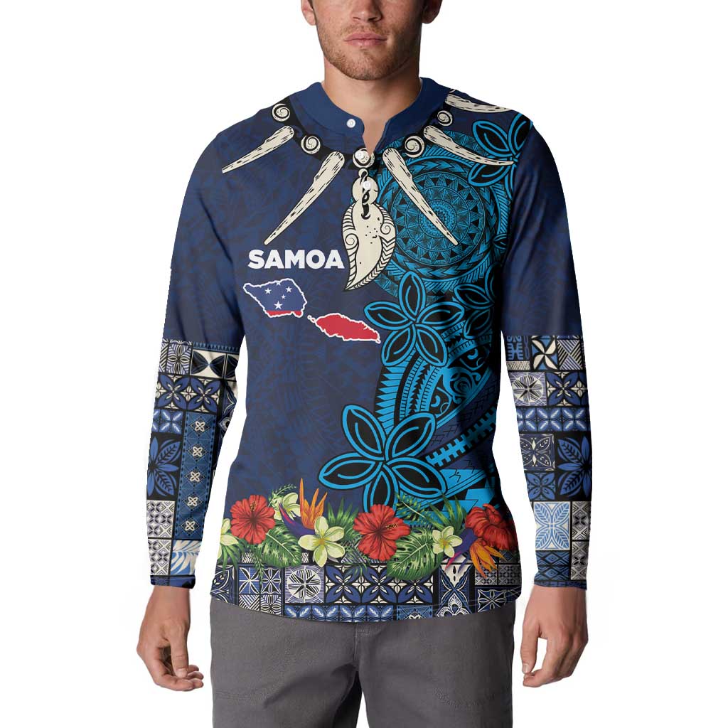 Samoa Siapo Polynesian Art Button Sweatshirt Tropical Flowers and Tatau Pattern Navy