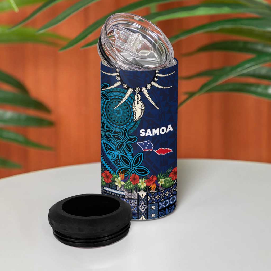 Samoa Siapo Polynesian Art 4 in 1 Can Cooler Tumbler Tropical Flowers and Tatau Pattern Navy