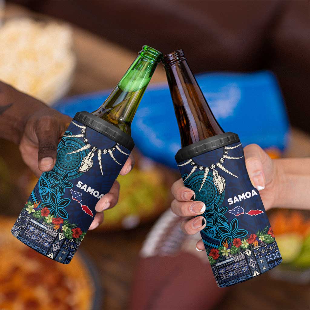 Samoa Siapo Polynesian Art 4 in 1 Can Cooler Tumbler Tropical Flowers and Tatau Pattern Navy
