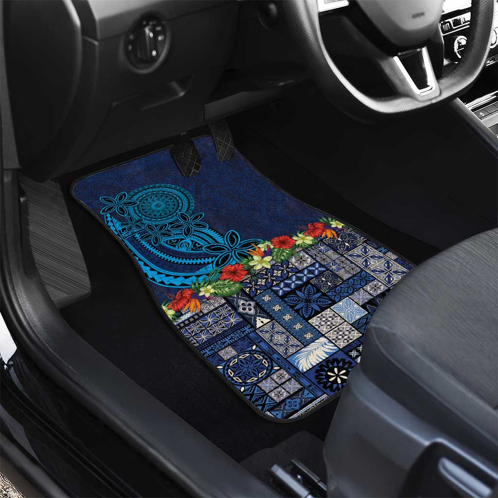 Samoa Siapo Polynesian Art Car Mats Tropical Flowers and Tatau Pattern Navy