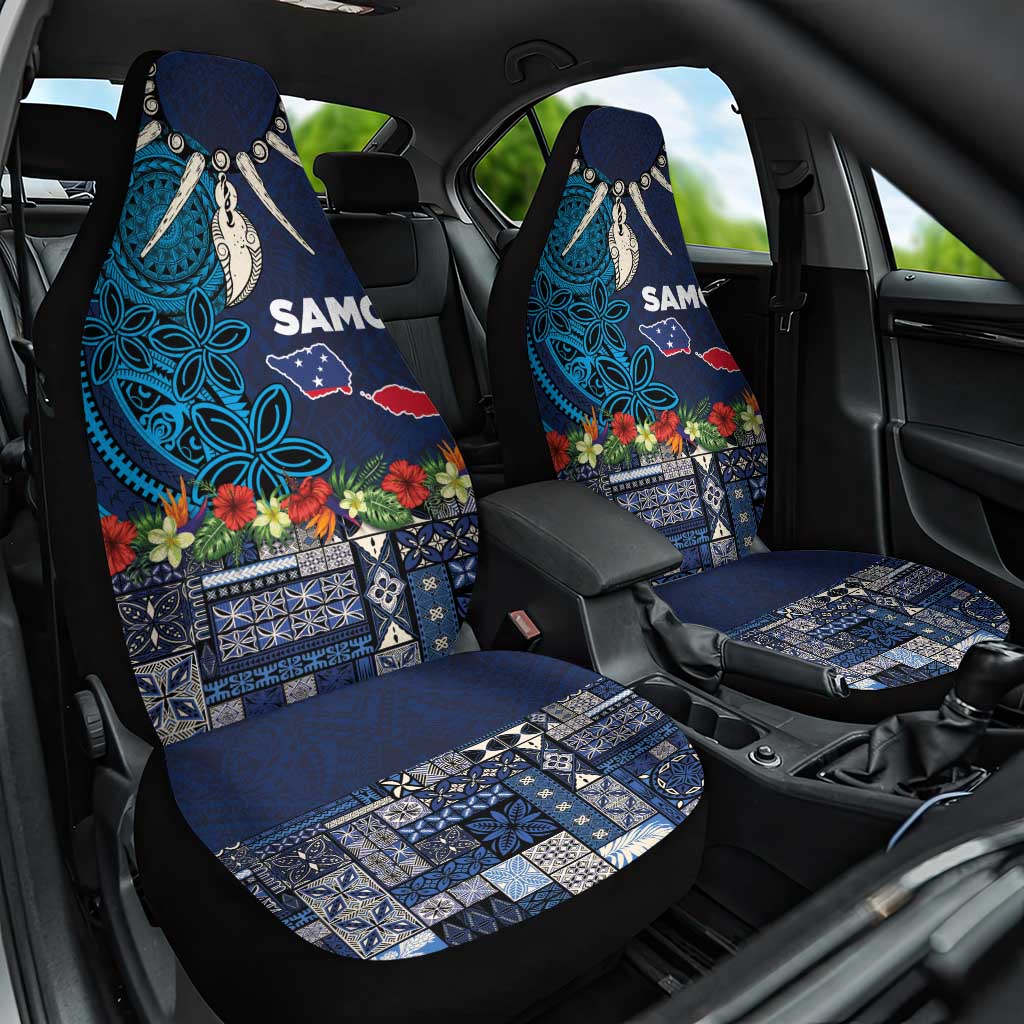 Samoa Siapo Polynesian Art Car Seat Cover Tropical Flowers and Tatau Pattern Navy