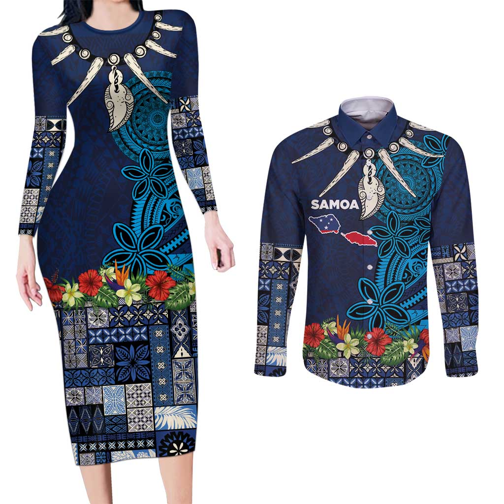 Samoa Siapo Polynesian Art Couples Matching Long Sleeve Bodycon Dress and Long Sleeve Button Shirt Tropical Flowers and Tatau Pattern Navy