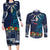 Samoa Siapo Polynesian Art Couples Matching Long Sleeve Bodycon Dress and Long Sleeve Button Shirt Tropical Flowers and Tatau Pattern Navy