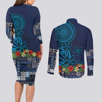 Samoa Siapo Polynesian Art Couples Matching Long Sleeve Bodycon Dress and Long Sleeve Button Shirt Tropical Flowers and Tatau Pattern Navy