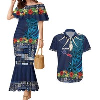 Samoa Siapo Polynesian Art Couples Matching Mermaid Dress and Hawaiian Shirt Tropical Flowers and Tatau Pattern Navy