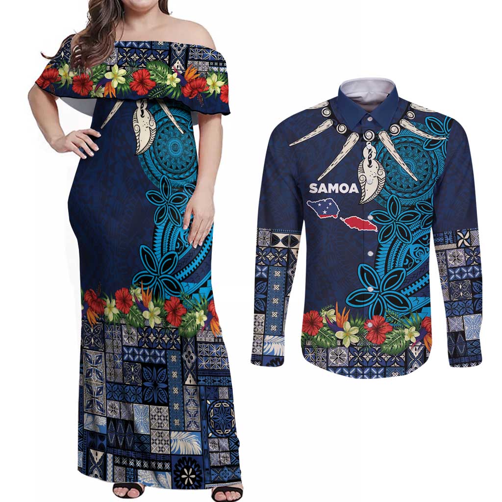 Samoa Siapo Polynesian Art Couples Matching Off Shoulder Maxi Dress and Long Sleeve Button Shirt Tropical Flowers and Tatau Pattern Navy