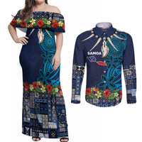 Samoa Siapo Polynesian Art Couples Matching Off Shoulder Maxi Dress and Long Sleeve Button Shirt Tropical Flowers and Tatau Pattern Navy