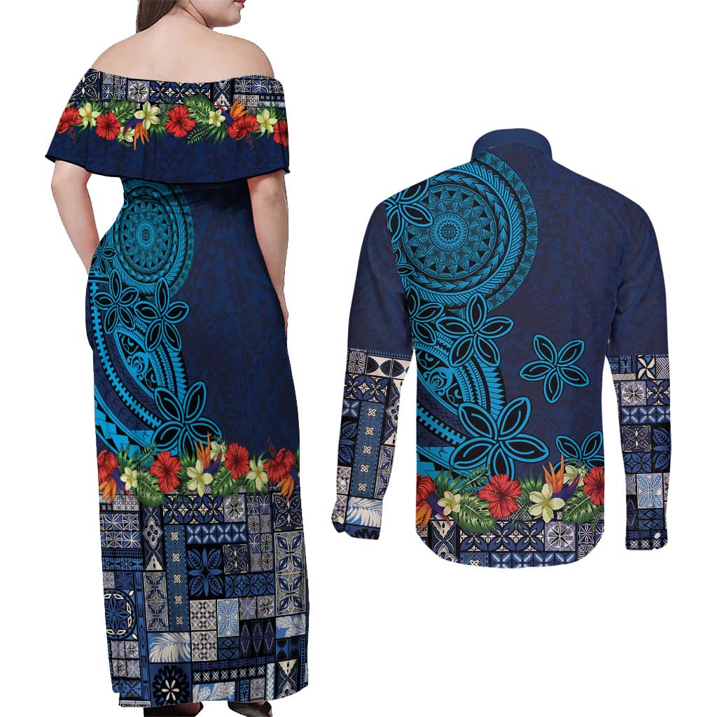 Samoa Siapo Polynesian Art Couples Matching Off Shoulder Maxi Dress and Long Sleeve Button Shirt Tropical Flowers and Tatau Pattern Navy
