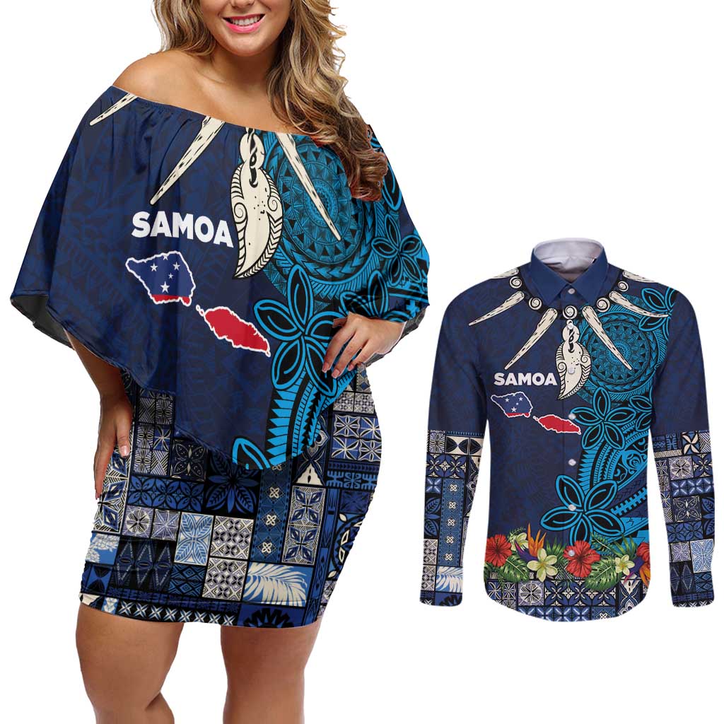 Samoa Siapo Polynesian Art Couples Matching Off Shoulder Short Dress and Long Sleeve Button Shirt Tropical Flowers and Tatau Pattern Navy