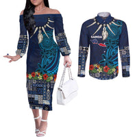 Samoa Siapo Polynesian Art Couples Matching Off The Shoulder Long Sleeve Dress and Long Sleeve Button Shirt Tropical Flowers and Tatau Pattern Navy