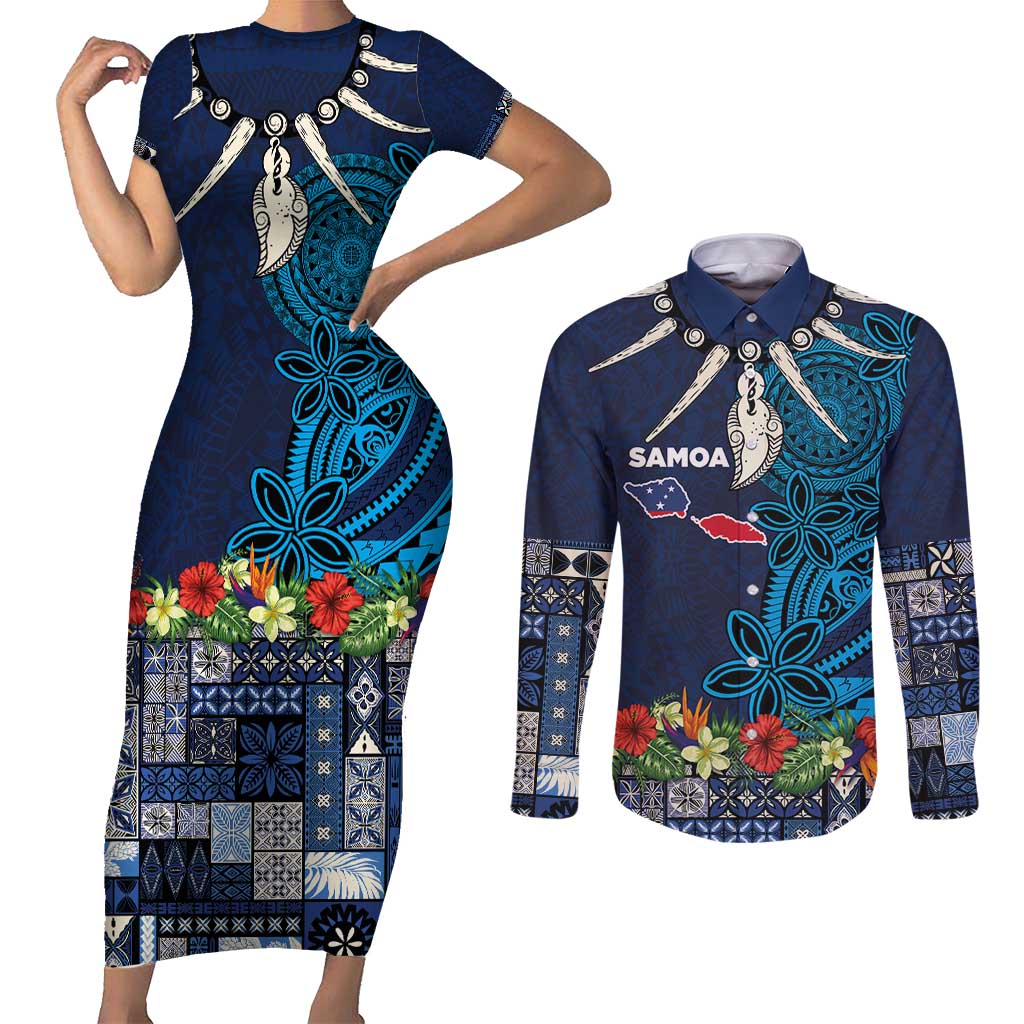 Samoa Siapo Polynesian Art Couples Matching Short Sleeve Bodycon Dress and Long Sleeve Button Shirt Tropical Flowers and Tatau Pattern Navy