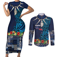 Samoa Siapo Polynesian Art Couples Matching Short Sleeve Bodycon Dress and Long Sleeve Button Shirt Tropical Flowers and Tatau Pattern Navy