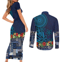 Samoa Siapo Polynesian Art Couples Matching Short Sleeve Bodycon Dress and Long Sleeve Button Shirt Tropical Flowers and Tatau Pattern Navy