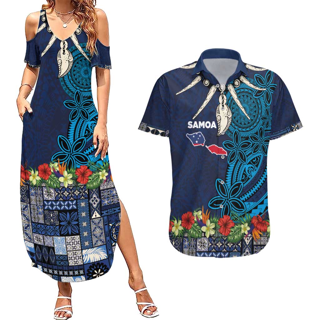 Samoa Siapo Polynesian Art Couples Matching Summer Maxi Dress and Hawaiian Shirt Tropical Flowers and Tatau Pattern Navy