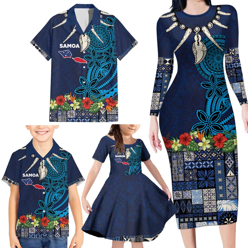 Samoa Siapo Polynesian Art Family Matching Long Sleeve Bodycon Dress and Hawaiian Shirt Tropical Flowers and Tatau Pattern Navy