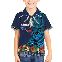 Samoa Siapo Polynesian Art Family Matching Long Sleeve Bodycon Dress and Hawaiian Shirt Tropical Flowers and Tatau Pattern Navy