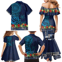 Samoa Siapo Polynesian Art Family Matching Mermaid Dress and Hawaiian Shirt Tropical Flowers and Tatau Pattern Navy