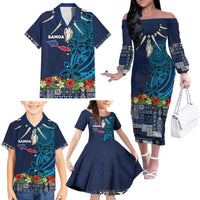 Samoa Siapo Polynesian Art Family Matching Off The Shoulder Long Sleeve Dress and Hawaiian Shirt Tropical Flowers and Tatau Pattern Navy