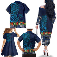 Samoa Siapo Polynesian Art Family Matching Off The Shoulder Long Sleeve Dress and Hawaiian Shirt Tropical Flowers and Tatau Pattern Navy