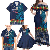 Samoa Siapo Polynesian Art Family Matching Off Shoulder Maxi Dress and Hawaiian Shirt Tropical Flowers and Tatau Pattern Navy