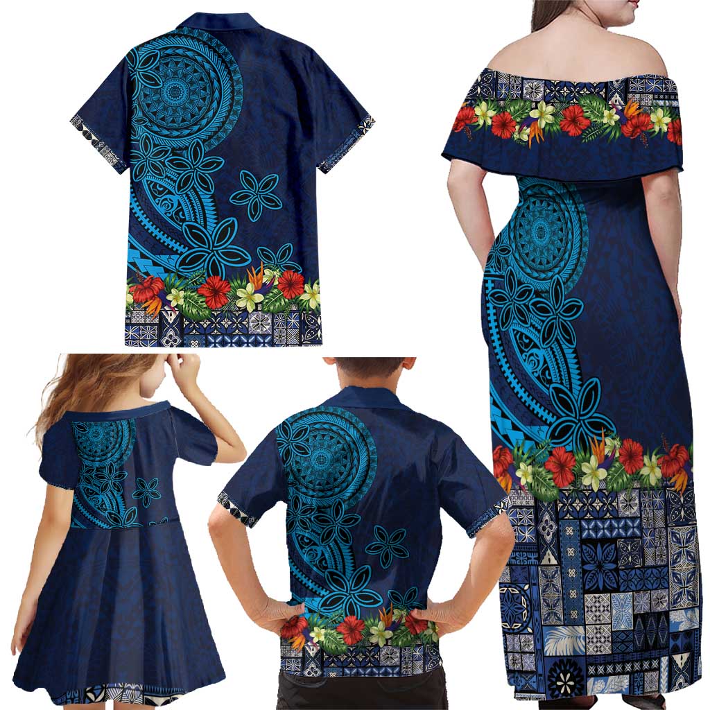 Samoa Siapo Polynesian Art Family Matching Off Shoulder Maxi Dress and Hawaiian Shirt Tropical Flowers and Tatau Pattern Navy