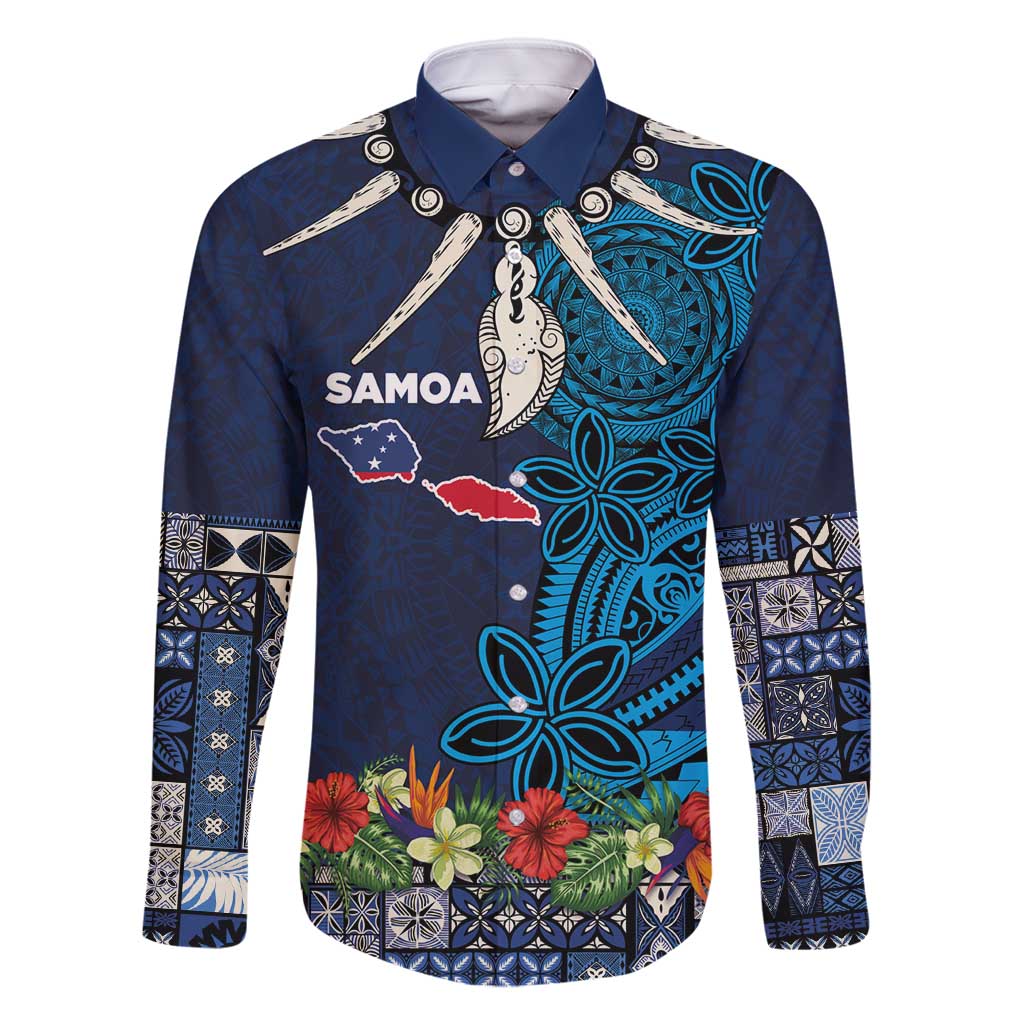 Samoa Siapo Polynesian Art Family Matching Off Shoulder Short Dress and Hawaiian Shirt Tropical Flowers and Tatau Pattern Navy