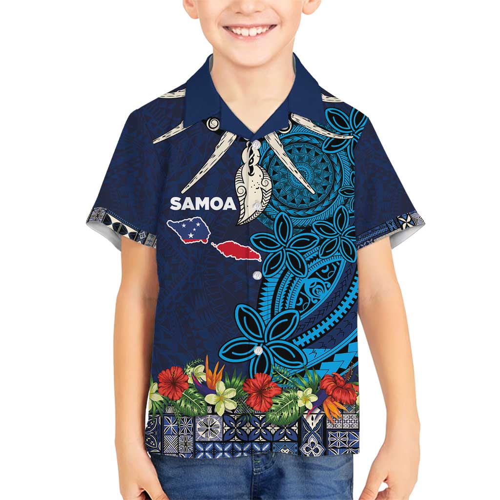 Samoa Siapo Polynesian Art Family Matching Off Shoulder Short Dress and Hawaiian Shirt Tropical Flowers and Tatau Pattern Navy