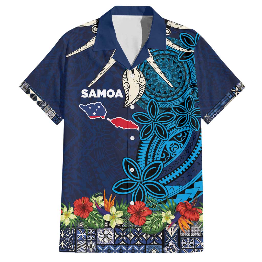 Samoa Siapo Polynesian Art Family Matching Puletasi and Hawaiian Shirt Tropical Flowers and Tatau Pattern Navy