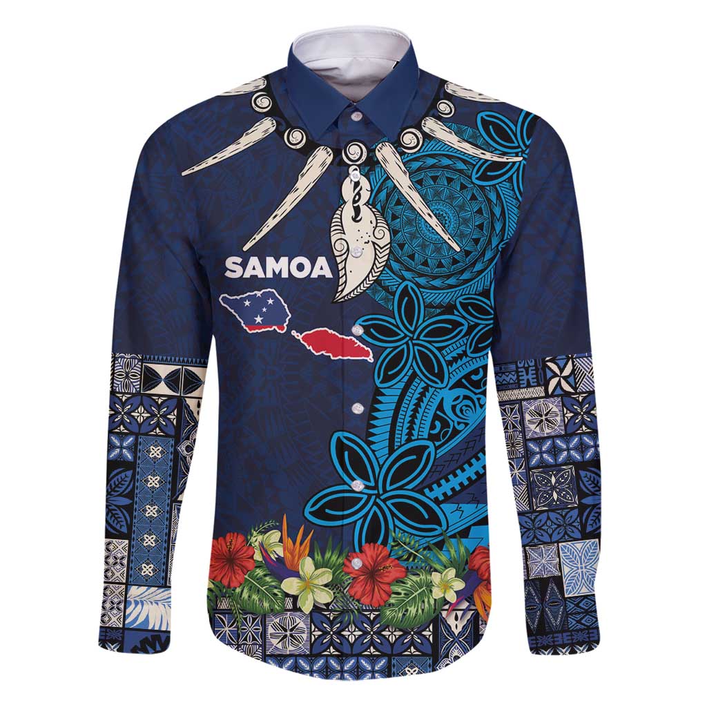 Samoa Siapo Polynesian Art Family Matching Puletasi and Hawaiian Shirt Tropical Flowers and Tatau Pattern Navy