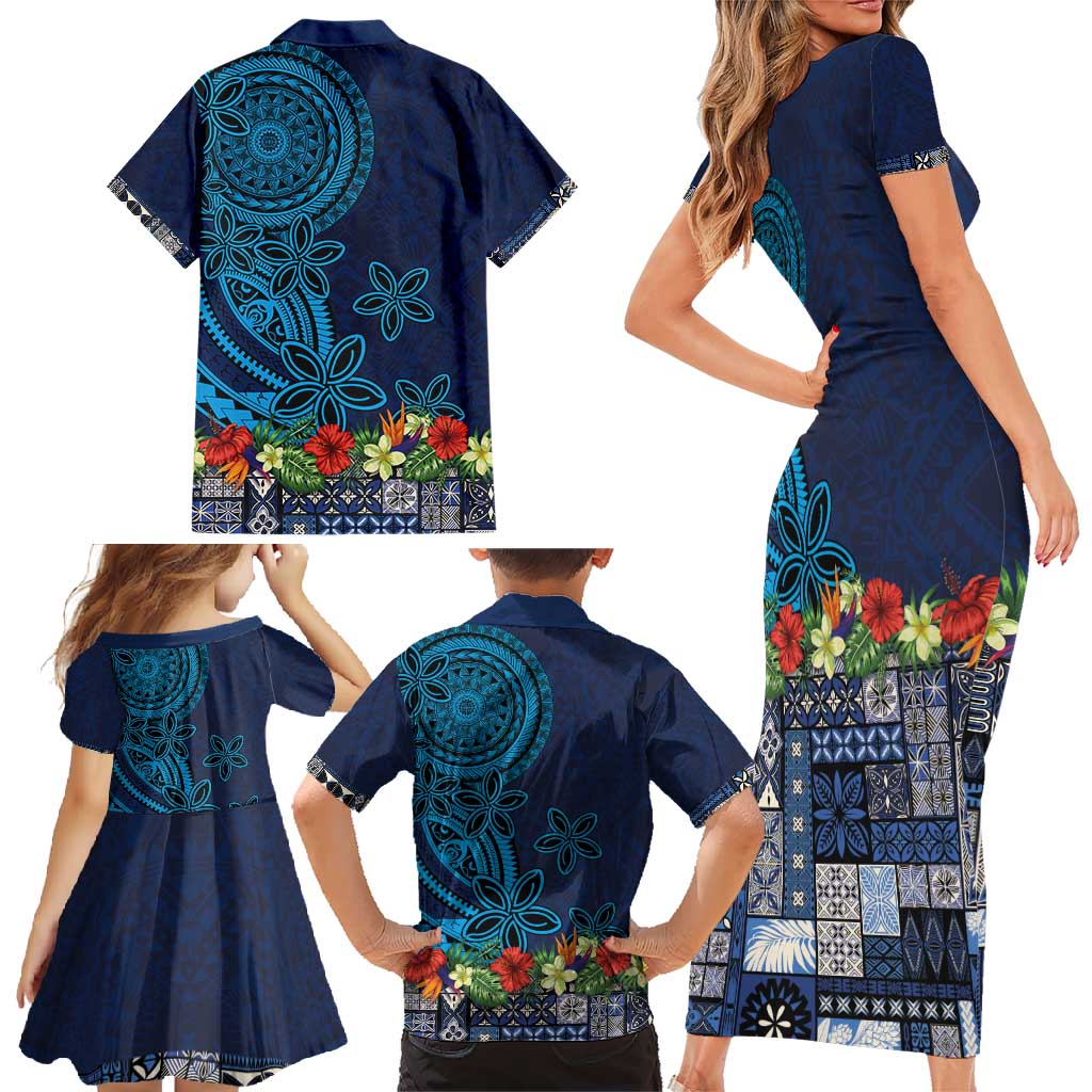 Samoa Siapo Polynesian Art Family Matching Short Sleeve Bodycon Dress and Hawaiian Shirt Tropical Flowers and Tatau Pattern Navy