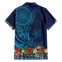 Samoa Siapo Polynesian Art Family Matching Short Sleeve Bodycon Dress and Hawaiian Shirt Tropical Flowers and Tatau Pattern Navy