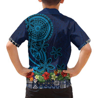 Samoa Siapo Polynesian Art Family Matching Tank Maxi Dress and Hawaiian Shirt Tropical Flowers and Tatau Pattern Navy