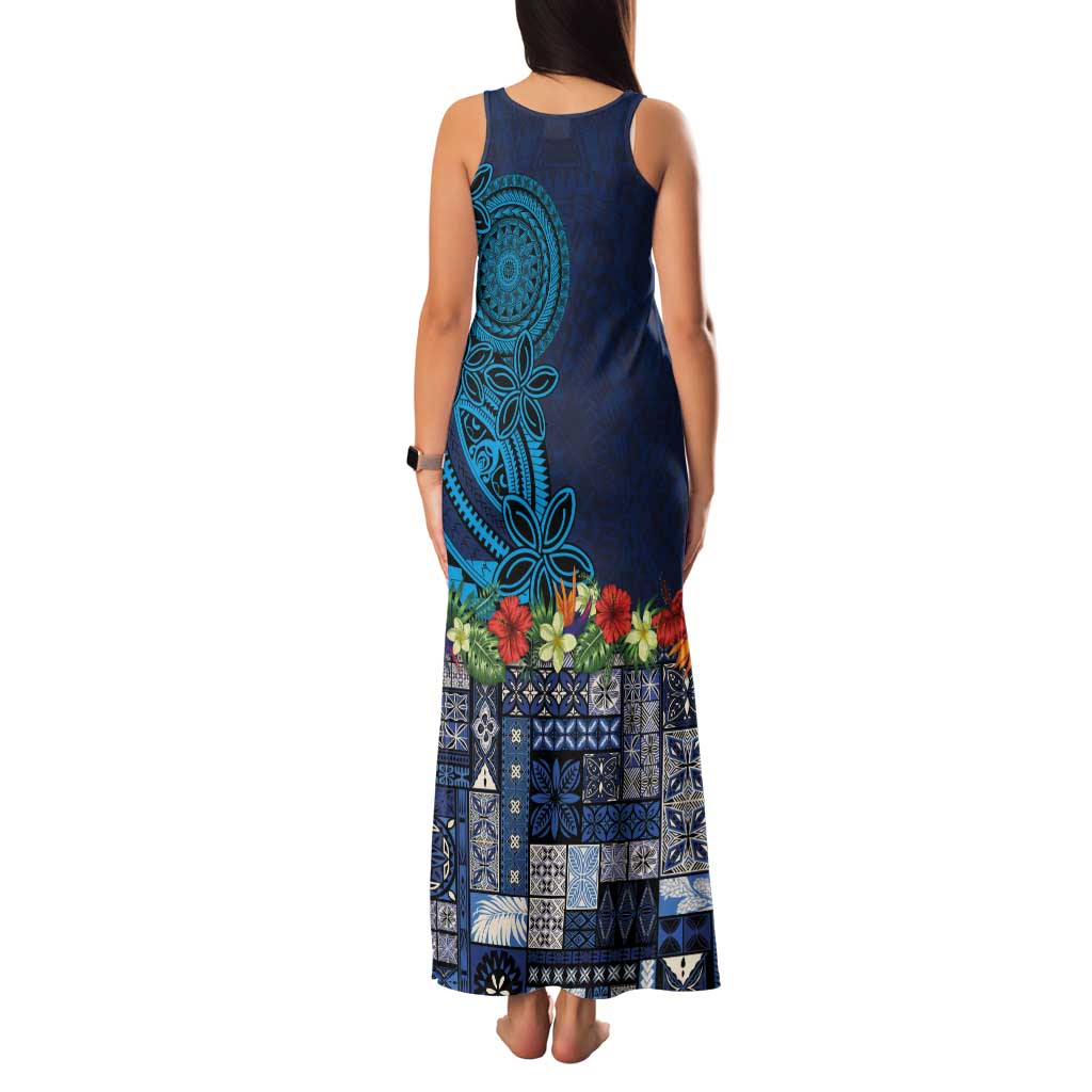 Samoa Siapo Polynesian Art Family Matching Tank Maxi Dress and Hawaiian Shirt Tropical Flowers and Tatau Pattern Navy