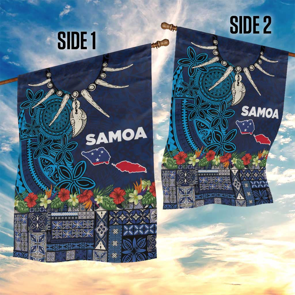 Samoa Siapo Polynesian Art Garden Flag Tropical Flowers and Tatau Pattern Navy