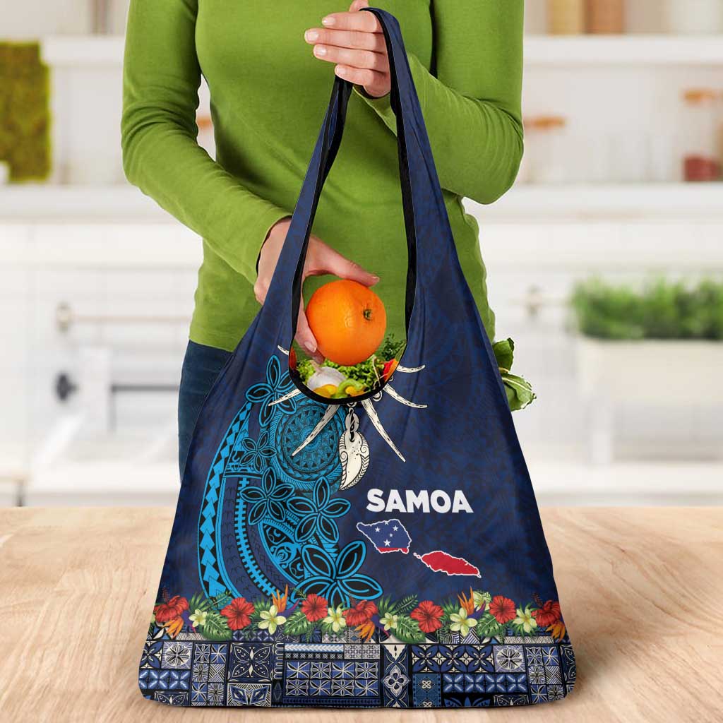 Samoa Siapo Polynesian Art Grocery Bag Tropical Flowers and Tatau Pattern Navy