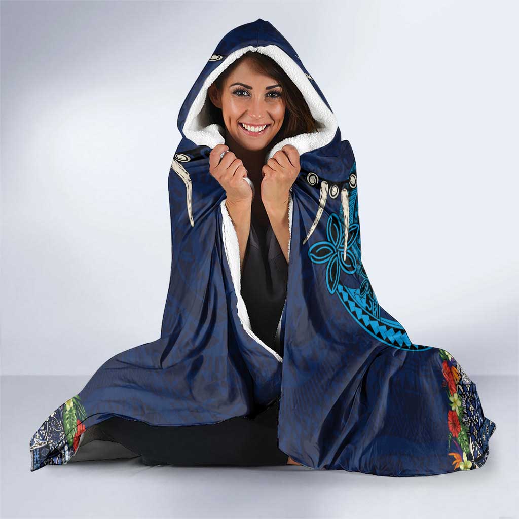 Samoa Siapo Polynesian Art Hooded Blanket Tropical Flowers and Tatau Pattern Navy